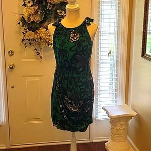 Eva Franco Emerald green white black floral print sleeveless fitted dress 2 EUC…